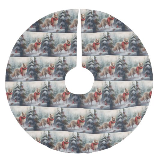 Finnischer Lappund Hund in Schnee Weihnachten Polyester Weihnachtsbaumdecke (Vorderseite)