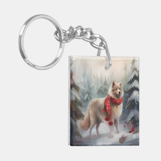Finnischer Lappund Hund in Schnee Weihnachten Schlüsselanhänger (Vorderseite links)