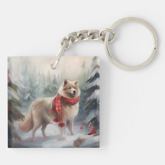 Finnischer Lappund Hund in Schnee Weihnachten Schlüsselanhänger (Rückseite)