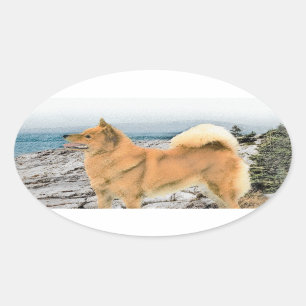 Finnischer Spitz beim Seashore-Gemälde - Hundekun Ovaler Aufkleber
