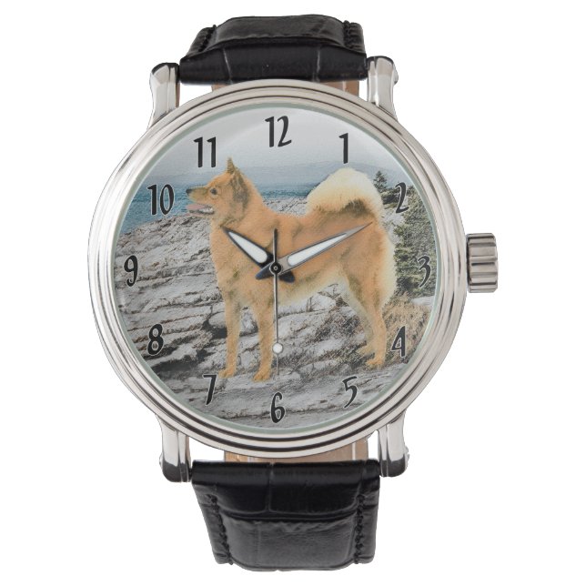 Finnischer Spitz beim Seashore-Gemälde - Hundekuns Armbanduhr (Vorderseite)