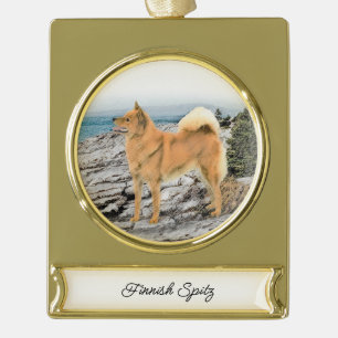 Finnischer Spitz beim Seashore-Gemälde - Hundekuns Banner-Ornament Gold