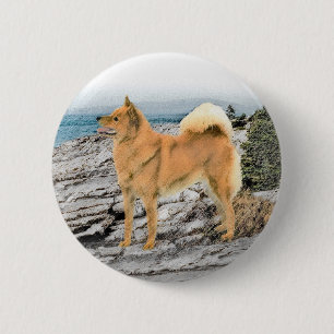 Finnischer Spitz beim Seashore-Gemälde - Hundekuns Button