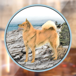 Finnischer Spitz beim Seashore-Gemälde - Hundekuns Fensteraufkleber