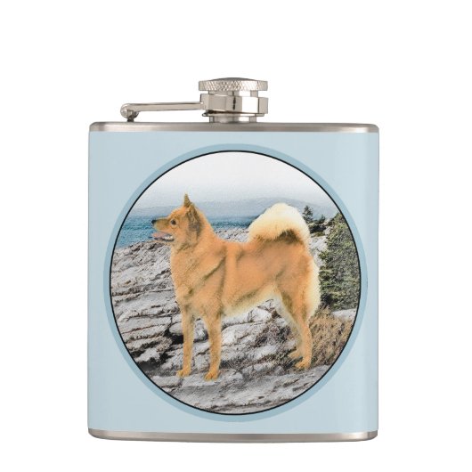 Finnischer Spitz beim Seashore-Gemälde - Hundekuns Flachmann (Vorderseite)