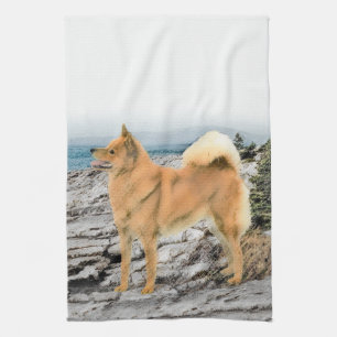 Finnischer Spitz beim Seashore-Gemälde - Hundekuns Geschirrtuch