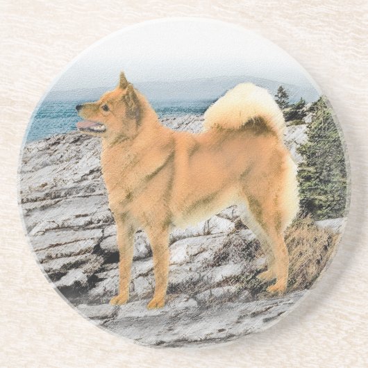 Finnischer Spitz beim Seashore-Gemälde - Hundekuns Getränkeuntersetzer (Vorne)