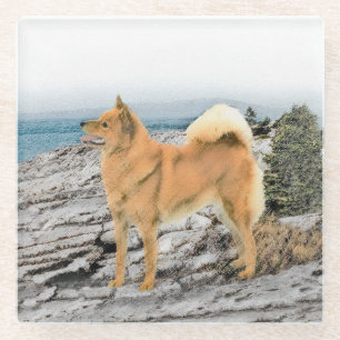 Finnischer Spitz beim Seashore-Gemälde - Hundekuns Glasuntersetzer