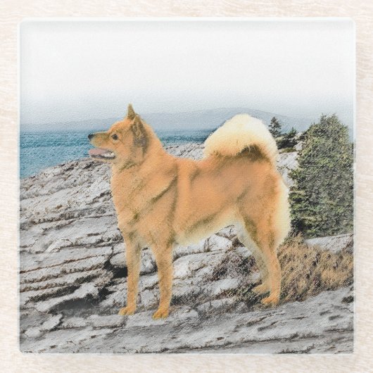 Finnischer Spitz beim Seashore-Gemälde - Hundekuns Glasuntersetzer (Vorderseite)