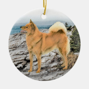 Finnischer Spitz beim Seashore-Gemälde - Hundekuns Keramik Ornament
