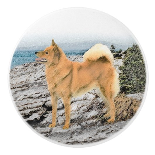 Finnischer Spitz beim Seashore-Gemälde - Hundekuns Keramikknauf (Vorderseite)