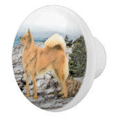 Finnischer Spitz beim Seashore-Gemälde - Hundekuns Keramikknauf (Rechts)