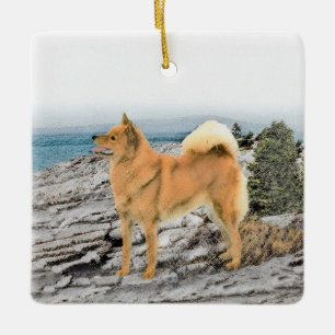 Finnischer Spitz beim Seashore-Gemälde - Hundekuns Keramikornament
