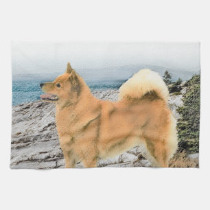 Finnischer Spitz beim Seashore-Gemälde - Hundekuns Küchentuch