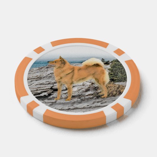 Finnischer Spitz beim Seashore-Gemälde - Hundekuns Pokerchips (Einzeln)