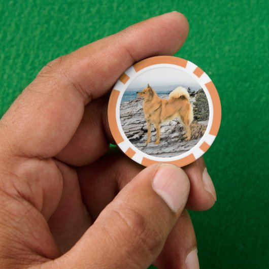 Finnischer Spitz beim Seashore-Gemälde - Hundekuns Pokerchips (Hand)