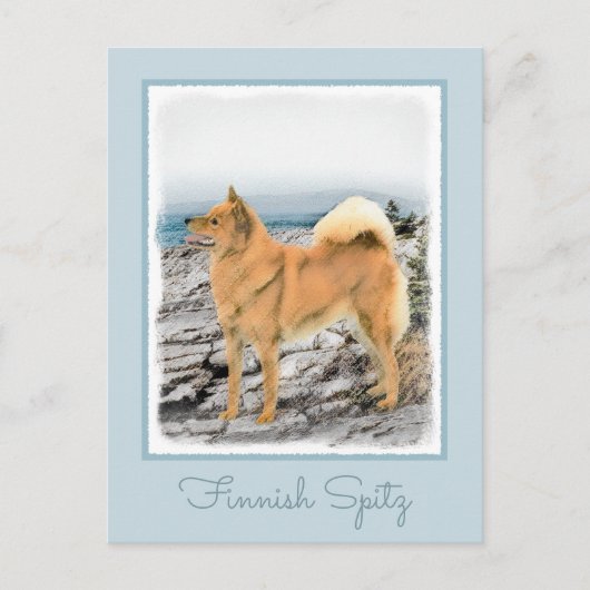 Finnischer Spitz beim Seashore-Gemälde - Hundekuns Postkarte (Vorderseite)