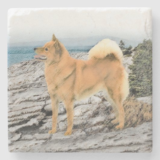 Finnischer Spitz beim Seashore-Gemälde - Hundekuns Steinuntersetzer (Vorderseite)