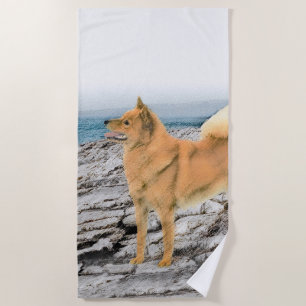 Finnischer Spitz beim Seashore-Gemälde - Hundekuns Strandtuch