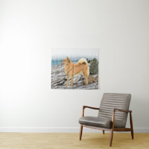 Finnischer Spitz beim Seashore-Gemälde - Hundekuns Wandteppich