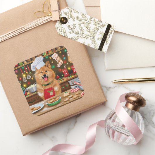 Finnischer Spitz Feiertag Backen: Feierliche Weihn Quadratischer Aufkleber (Schenken)