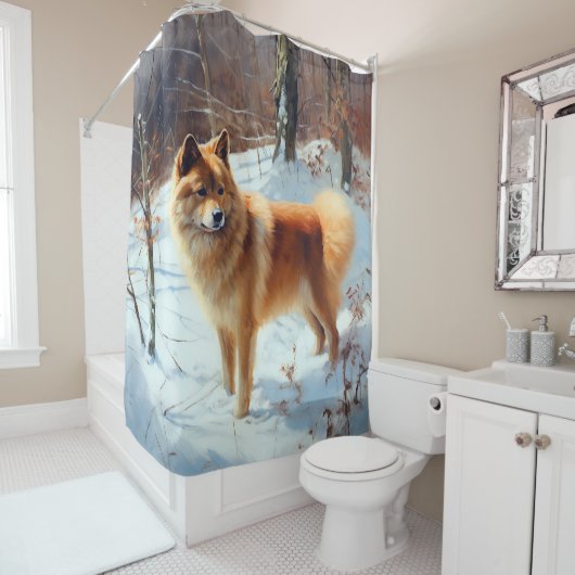 Finnischer Spitz lässt es Weihnachten schneien Duschvorhang (Beispiel)