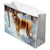 Finnischer Spitz lässt es Weihnachten schneien Große Geschenktüte (Rückseite Schrägansicht)