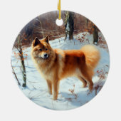 Finnischer Spitz lässt es Weihnachten schneien Keramik Ornament (Hinten)