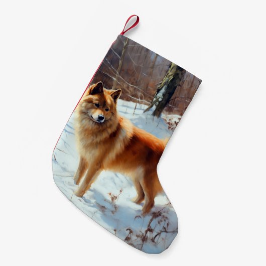 Finnischer Spitz lässt es Weihnachten schneien Kleiner Weihnachtsstrumpf (Vorderansicht (hängend))