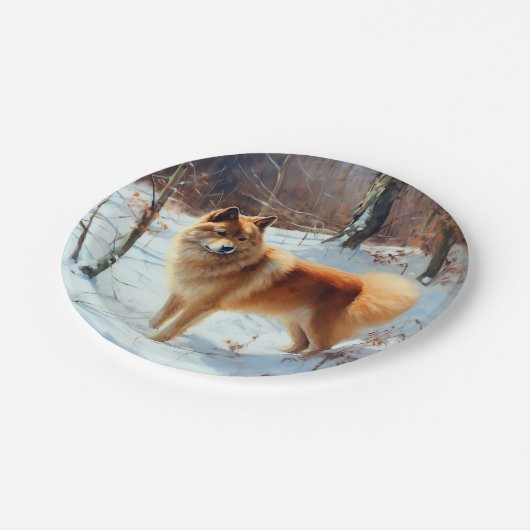 Finnischer Spitz lässt es Weihnachten schneien Pappteller (Schrägansicht)