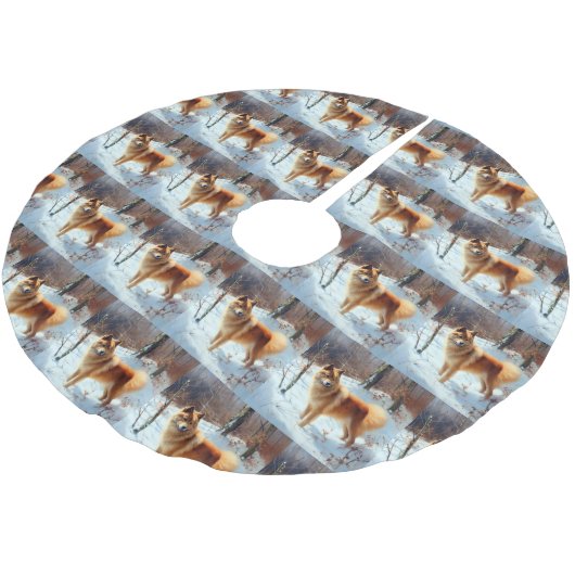 Finnischer Spitz lässt es Weihnachten schneien Polyester Weihnachtsbaumdecke (Schrägansicht)