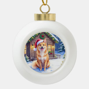 Finnischer Spitz Schneehütte Weihnachtsmannmütze W Keramik Kugel-Ornament