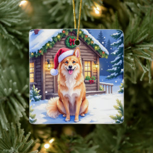 Finnischer Spitz Schneehütte Weihnachtsmannmütze W Keramikornament
