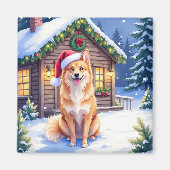 Finnischer Spitz Schneehütte Weihnachtsmannmütze W Magnet (Vorne)