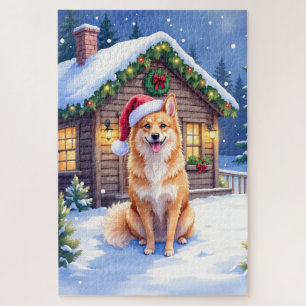 Finnischer Spitz Schneehütte Weihnachtsmannmütze W Puzzle