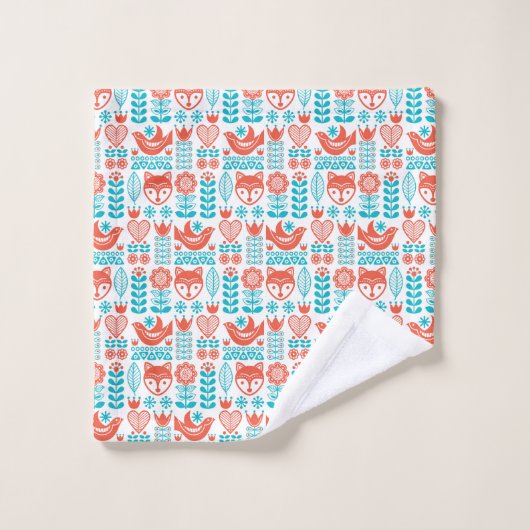 Finnisches Fox- u. Vogel-Volkskunst-Muster Badhandtuch Set (Waschlappen)