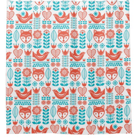 Finnisches Fox- u. Vogel-Volkskunst-Muster Duschvorhang (Vorderseite)