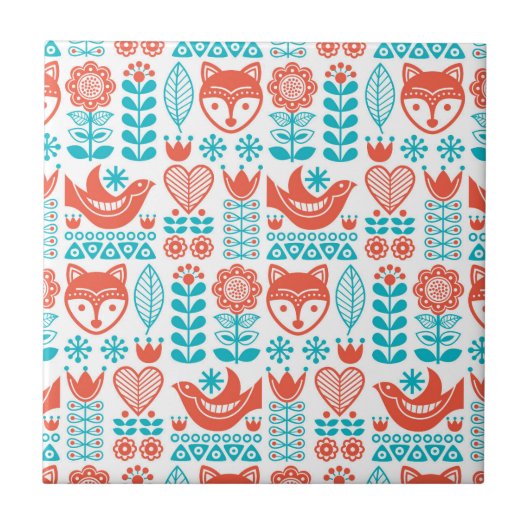 Finnisches Fox- u. Vogel-Volkskunst-Muster Fliese (Vorderseite)
