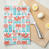 Finnisches Fox- u. Vogel-Volkskunst-Muster Geschirrtuch (Viertel Falte)