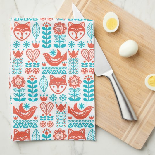 Finnisches Fox- u. Vogel-Volkskunst-Muster Geschirrtuch (Viertel Falte)