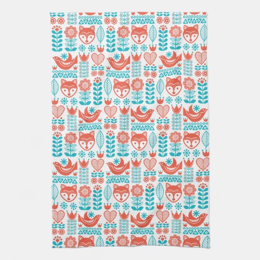 Finnisches Fox- u. Vogel-Volkskunst-Muster Geschirrtuch (Vertikal)