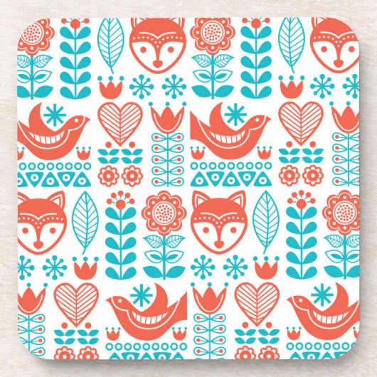 Finnisches Fox- u. Vogel-Volkskunst-Muster Getränkeuntersetzer (Vorderseite)