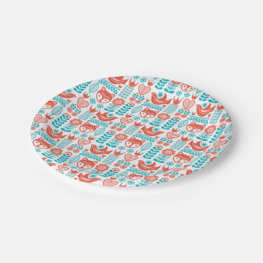 Finnisches Fox- u. Vogel-Volkskunst-Muster Pappteller (Schrägansicht)