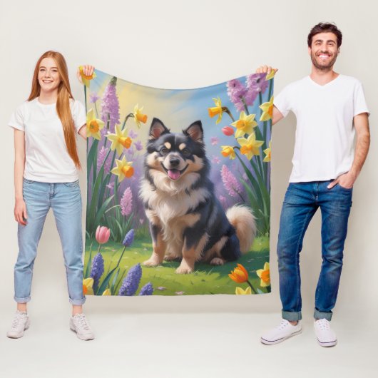 Finnisches Lapphund Hund Frühlingsblumen Malerei Fleecedecke (Beispiel)