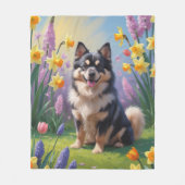 Finnisches Lapphund Hund Frühlingsblumen Malerei Fleecedecke (Vorderseite)
