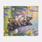 Finnisches Lapphund Hund Frühlingsblumen Malerei Fleecedecke (Vorderseite (Horizontal))