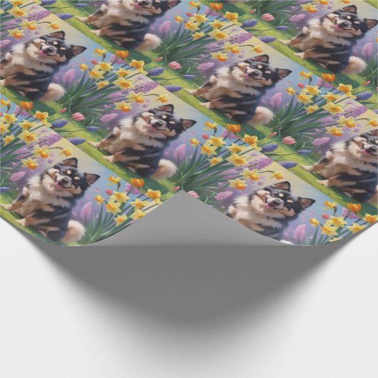 Finnisches Lapphund Hund Frühlingsblumen Malerei Geschenkpapier (Ecke)