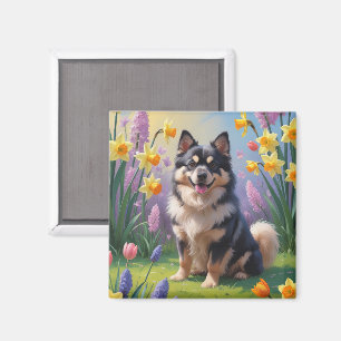 Finnisches Lapphund Hund Frühlingsblumen Malerei Magnet