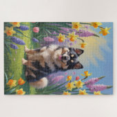 Finnisches Lapphund Hund Frühlingsblumen Malerei Puzzle (Horizontal)