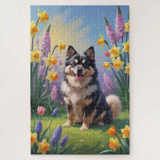 Finnisches Lapphund Hund Frühlingsblumen Malerei Puzzle (Vertikal)